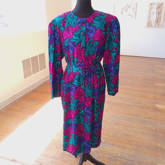 Adrianna Papell Dresses & Skirts - Vintage silk Button-Front floral midi dress with matching belt